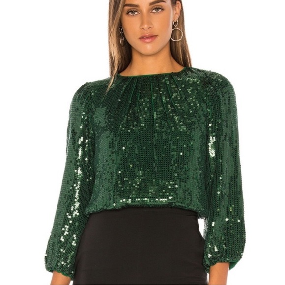 Alice + Olivia - Avila Sequin Green Crewneck Top - Picture 1 of 14